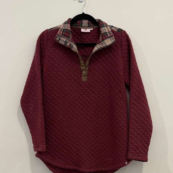 Marleylilly Sweaters - Marley Lilly Quilted Plaid Button Pullover Mock Neck Sweater, Burgundy, Medium